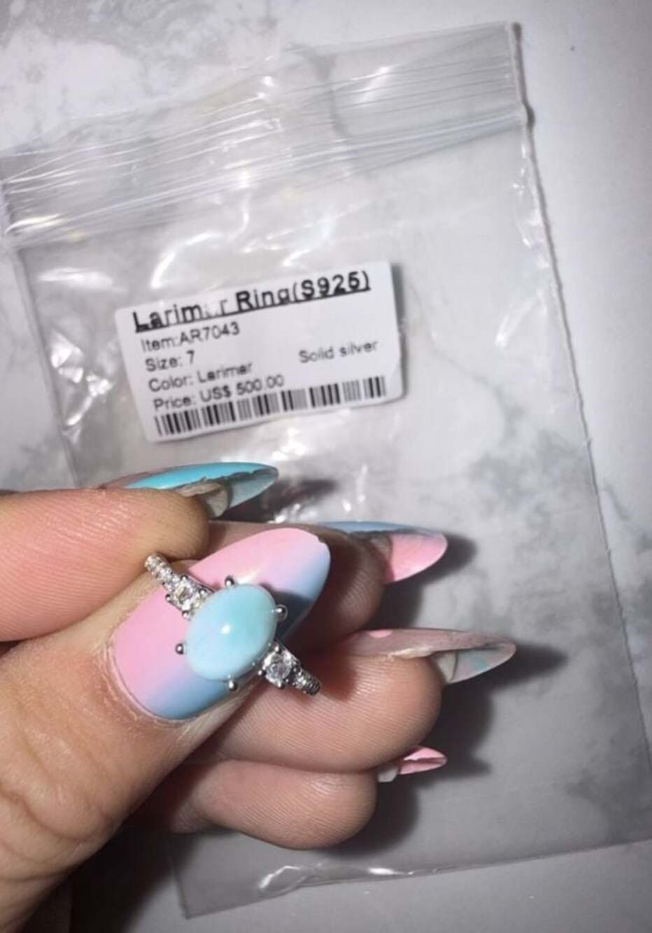 Larimar Gemstone Ring in 925 Sterling Silver, Size 7